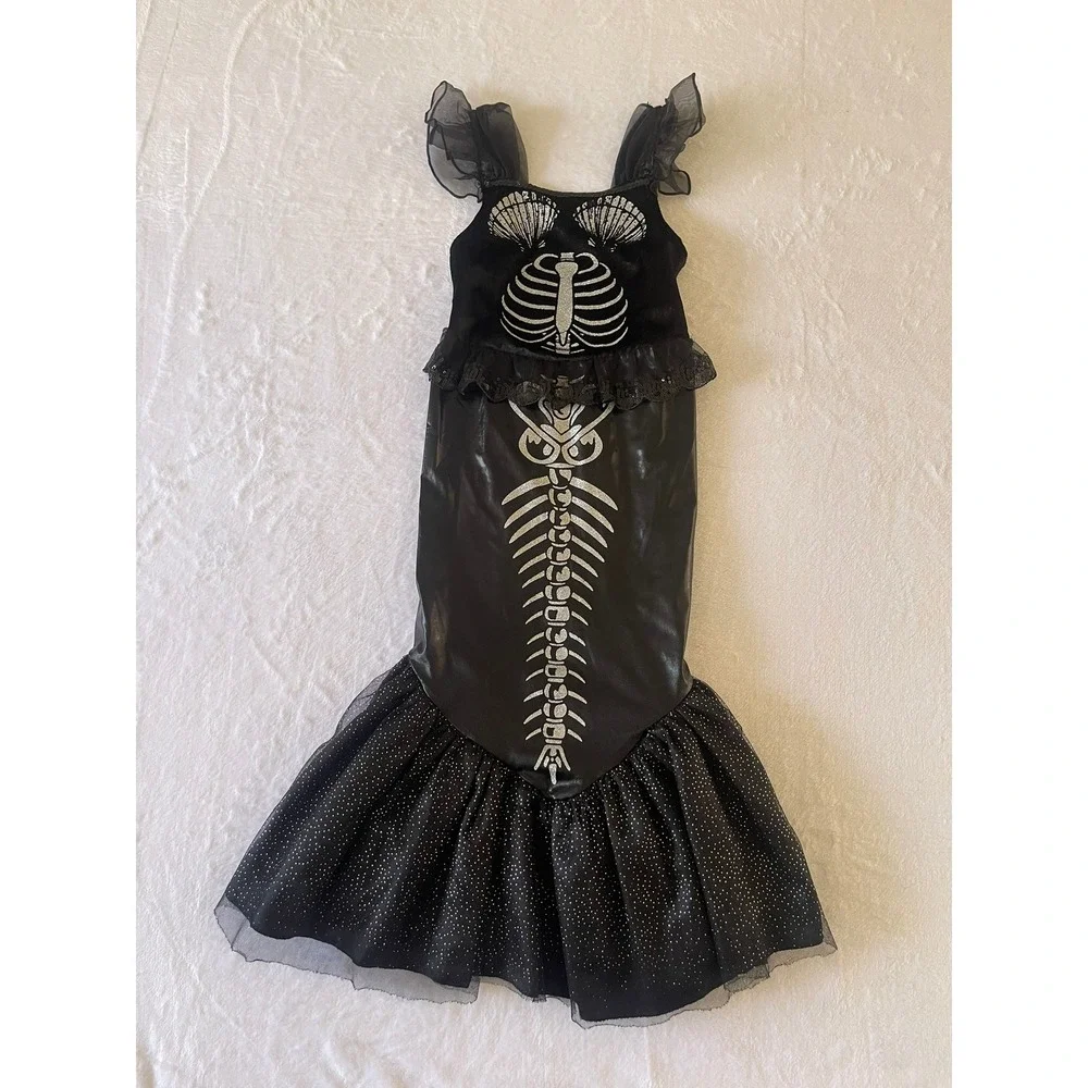 Skeleton Mermaid Halloween Costume Kids Size 100 4T Black Silver Glitter Gown